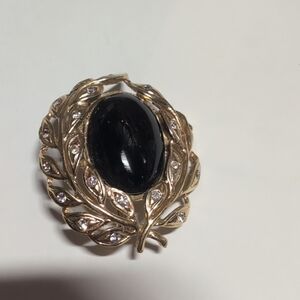 Gold-Tone Leaf Brooch with Black Cabochon and Clear Stones